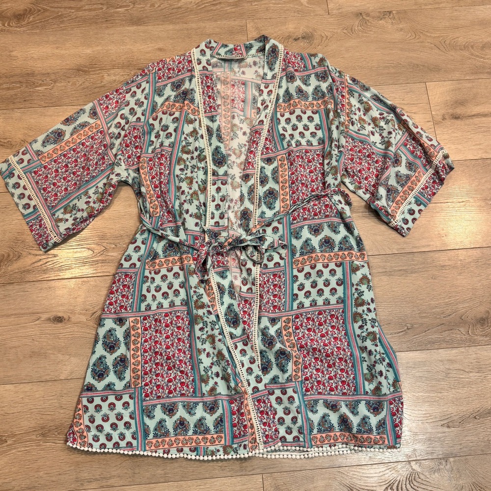 Motherhood Maternity Boho Patchwork Print Kimono Robe Tie Waist Small Medium S/M